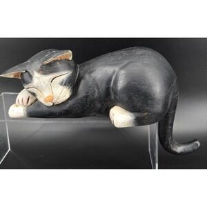 Vtg Carved Balinese Wooden Black White Cat Figurine Shelf Sitter Tuxedo 4x12x4"